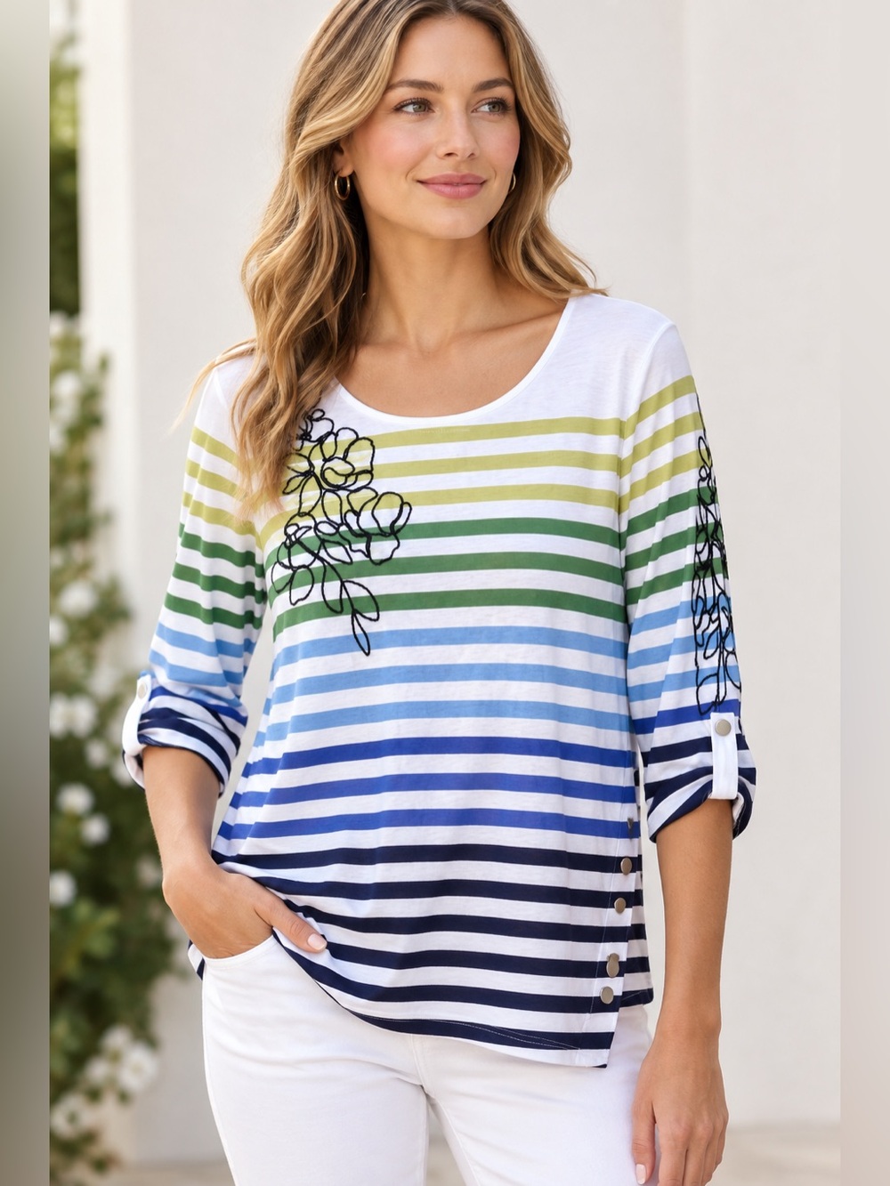 Ruby Rd. Striped Floral Embroidered Top Size M 3/4 Sleeve Scoop Neck
